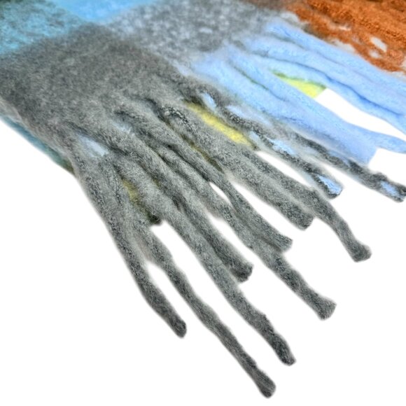 NEW Large Chunky Scarf Wool Mohair Multi Plaid Thick Fuzzy Long Fringe Winter - Picture 9 of 11
